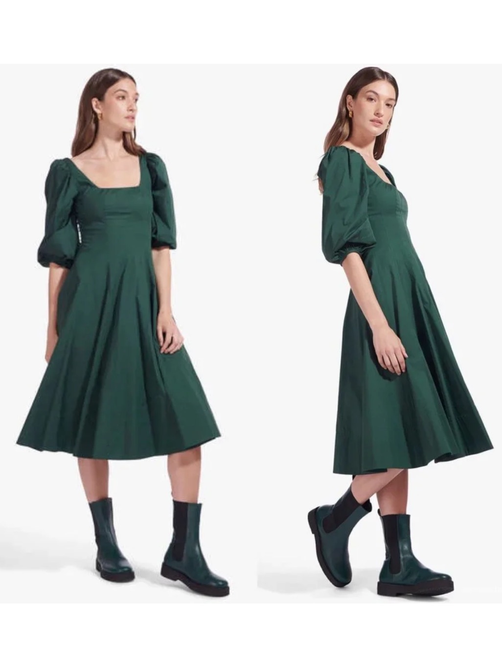 Staud Forest Green Square-Neck Midi Dress With Puff Sleeves